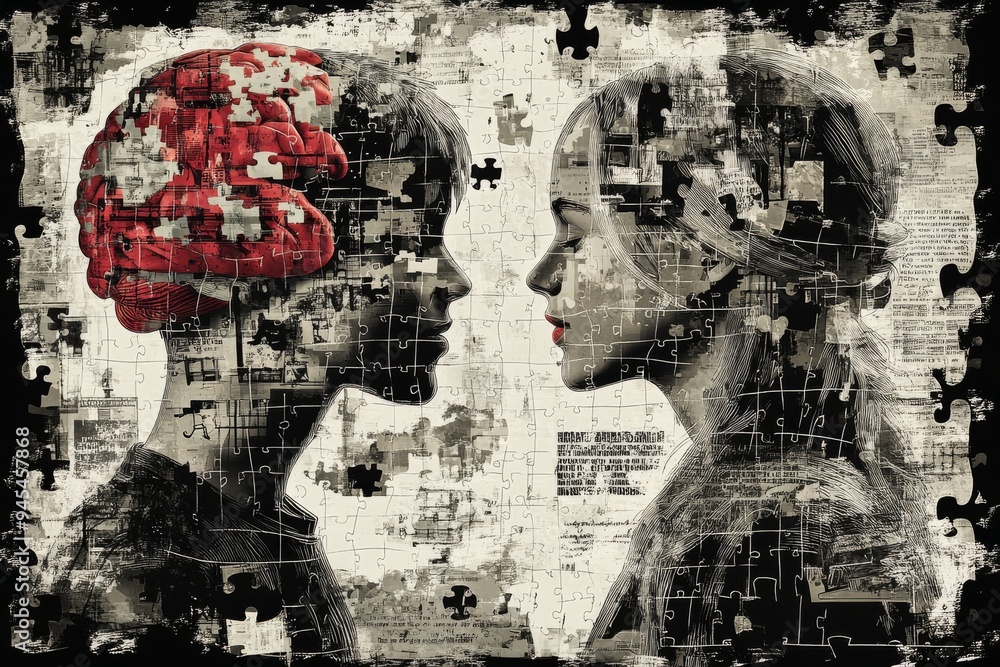 Poster abstract digital art of two human heads composed of newspapers and a red brain symbolizing informati