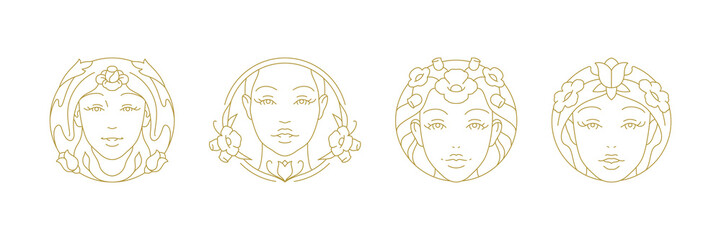 Botanical blossom flower beauty woman face circle minimal line art icon set vector illustration. Elegant female portrait with natural organic bloom floral monochrome logo for skin care spa wellness