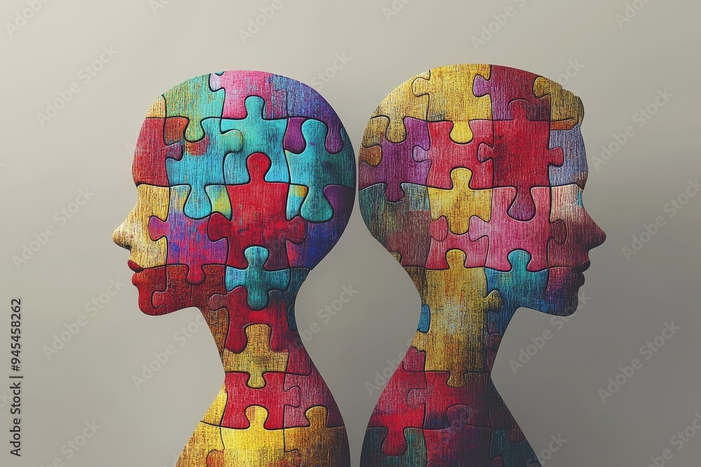 Canvas Prints Colorful digital illustration of two human profiles made from jigsaw puzzle pieces representing cognitive diversity mental complexity and rich tapestry of human thought in a vibrant composition