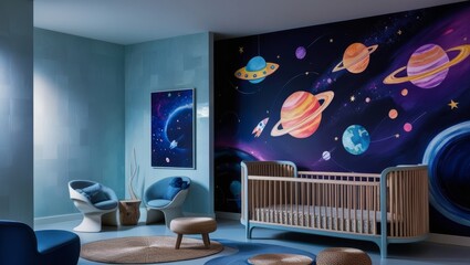 Space theme. Creative and bright eco design of a children's room. Bright fantasy wallpaper on the wall of baby room.