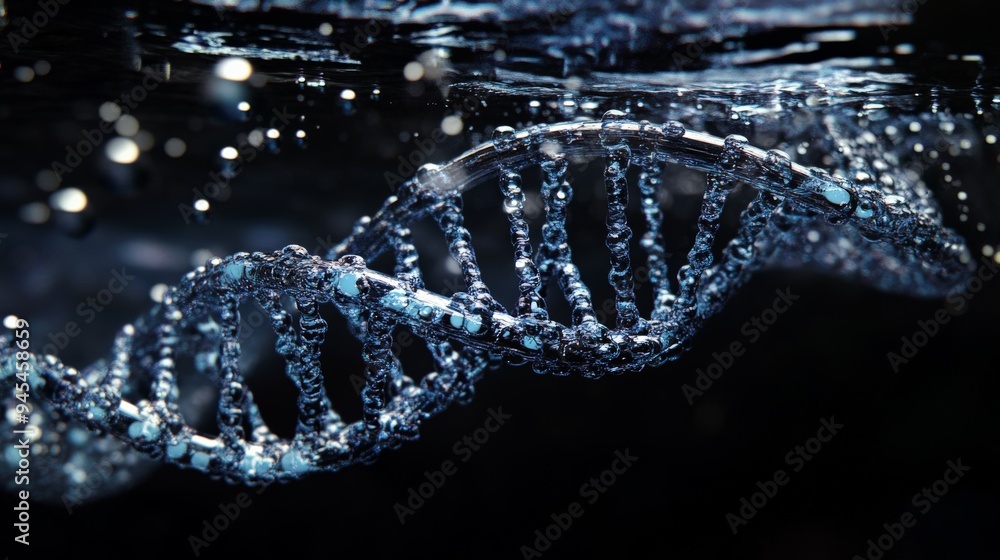 Poster A 3D illustration showing a horizontal DNA double helix under a rippling water surface, symbolizing the fluidity and complexity of genetic structures and biochemistry.