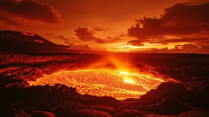 A mesmerizing view of bright molten lava glowing intensely under a dramatic orange sky, showcasing the raw power of nature's volcanic activity at sunset.