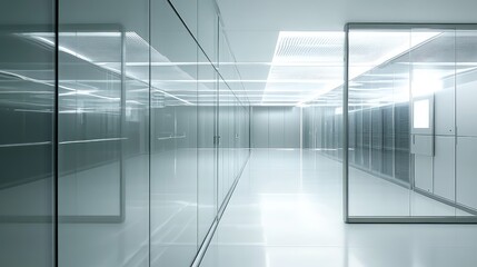 Obraz premium Award-winning style server room, modern glass enclosures, industrial minimalism, sharp and realistic,