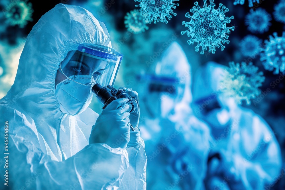 Leinwandbilder medical workers in protective suits conduct research on viruses under a microscope while symbols of 