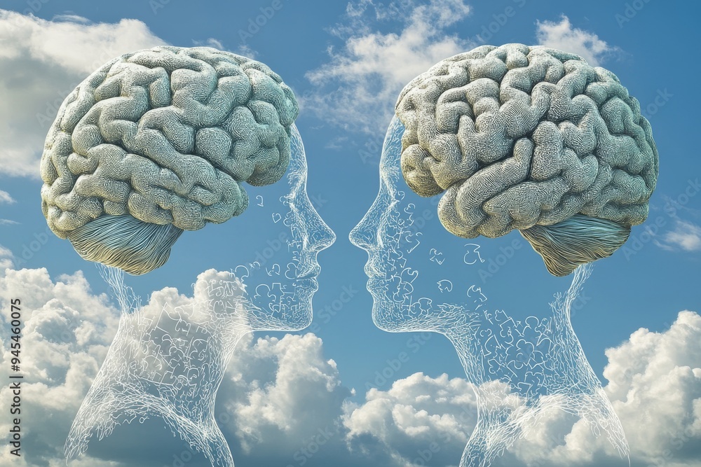 Poster abstract digital illustration of brain split into orange and blue sections symbolizing cognitive dua