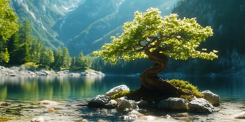 Solitary Tree by a Tranquil Mountain Lake - 3D Illustration