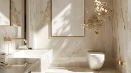 Modern Bathroom with Golden Accents and Marble Walls