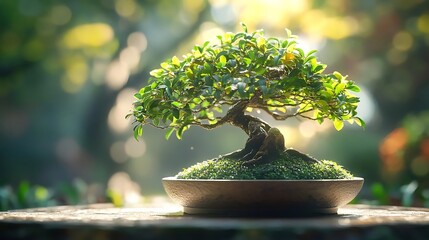 Bonsai Tree in Sunlight - A Photo of a Miniature Bonsai Tree with Lush Green Foliage in a Pot with Sunlight Shining on it
