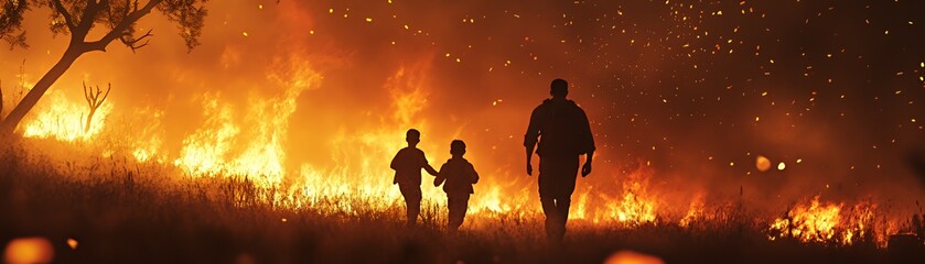 Fototapeta premium A silhouette of a man and two children walking away from a raging wildfire.