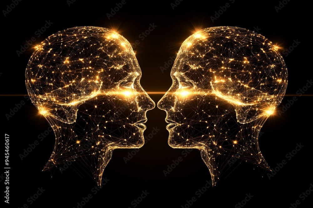 Poster abstract digital artwork of two human profiles composed of golden neural networks representing conne