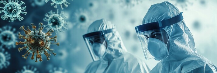 Medical workers in protective gear examine viruses under a microscope, actively contributing to disease control during a health crisis. Generative AI