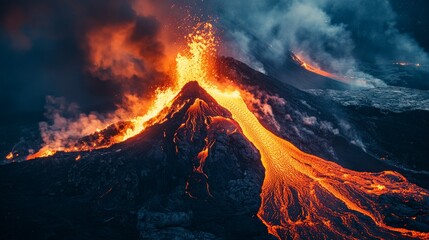 Explosive volcanic eruption with bright, incandescent lava flows illuminating the night, depicting nature’s fierce power and the energizing spectacle of molten rock.