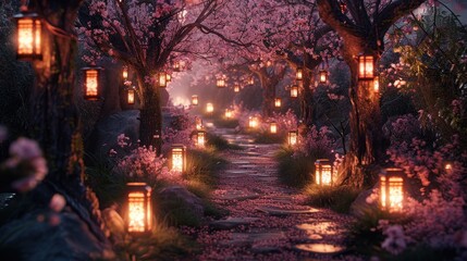 A Path Through a Mystical Cherry Blossom Forest Lit by Lanterns