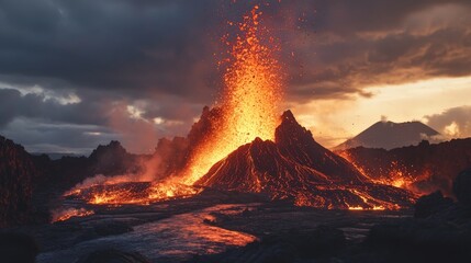 Fototapeta premium Volcanic eruption at sunset, bright molten lava streaming down the mountain under a dramatic sky, illustrating the awe-inspiring power and beauty of nature.