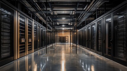 Obraz premium Contemporary data center featuring industrial minimalism, glass enclosures, and award-winning photography aesthetics.