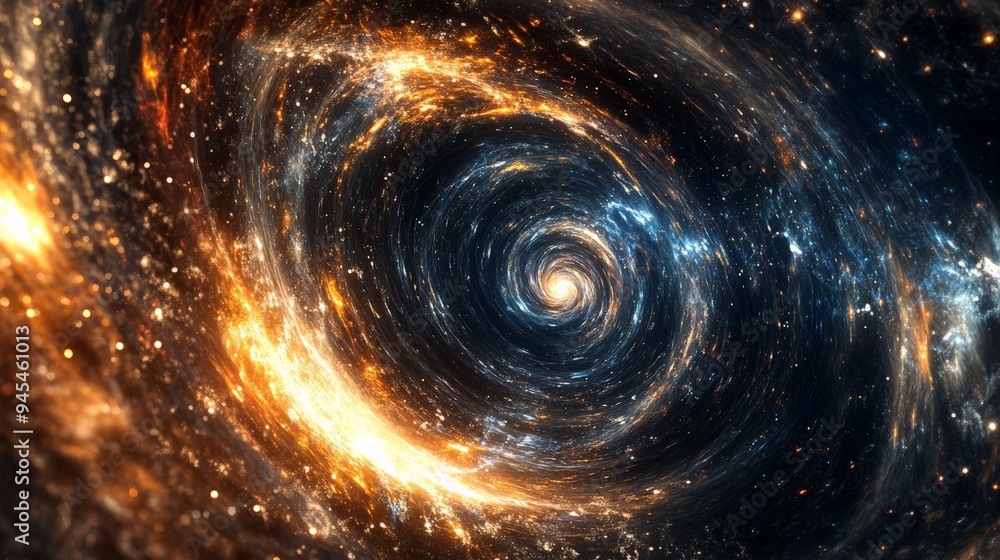 Poster A mesmerizing image of a golden, fiery whirlpool in the vast cosmos, illustrating the dynamic and often cataclysmic nature of celestial bodies.