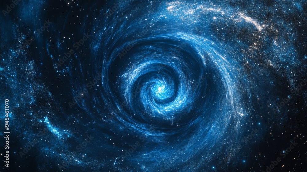 Poster An artistic representation of a swirling blue and white vortex in the depths of the universe, capturing the serene and mysterious elements of outer space.