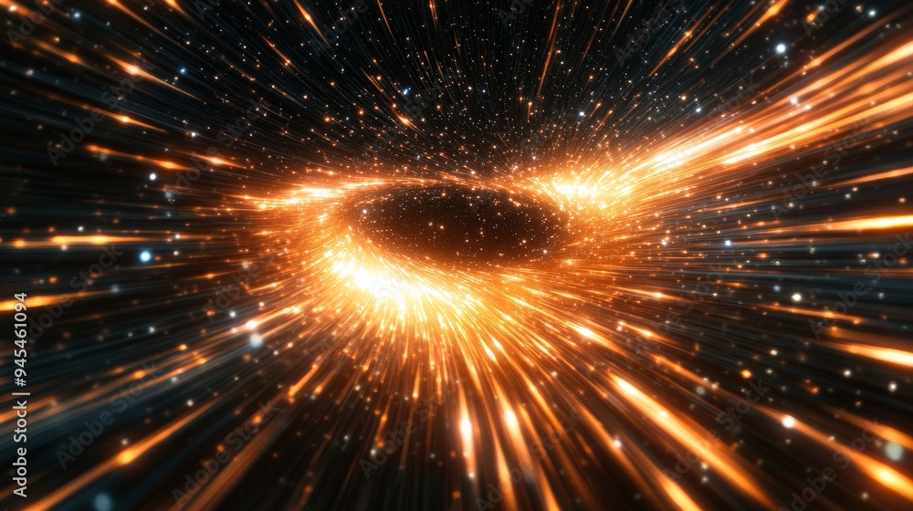Poster an energetic depiction of high-speed travel through a bright, cosmic whirlpool, illustrating the dyn