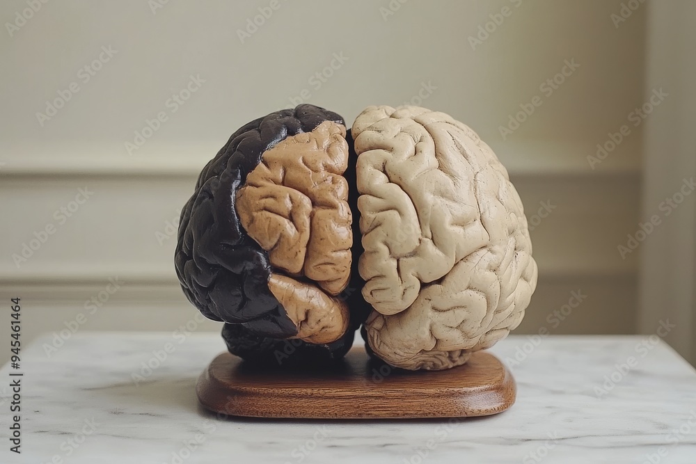 Poster artistic photograph of a brain split into black and beige hemispheres representing cognitive duality