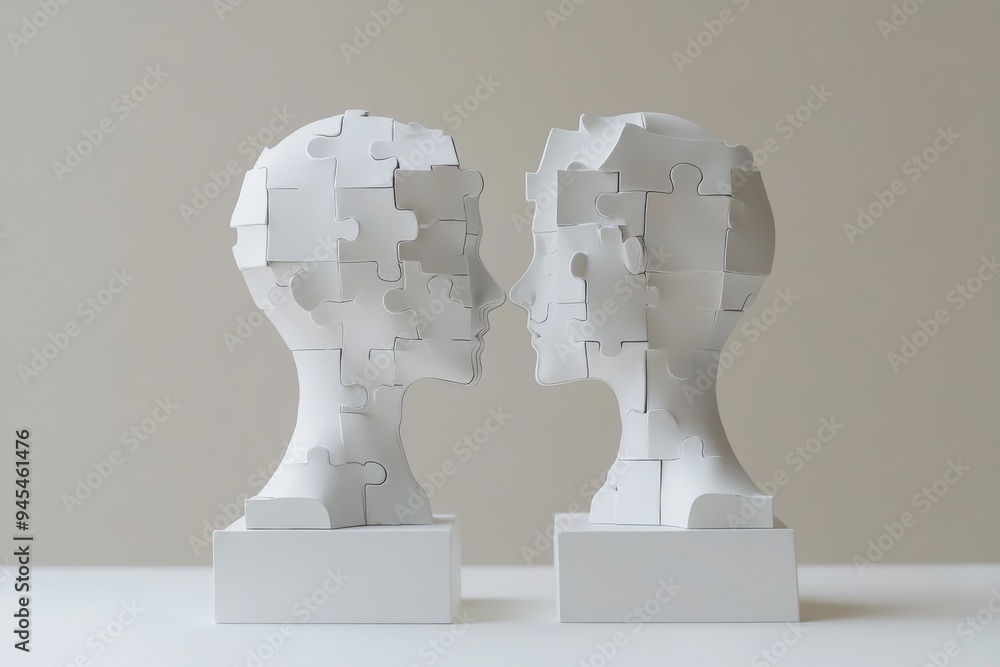 Poster minimalistic digital sculpture of two human profiles made of white puzzle pieces symbolizing cogniti