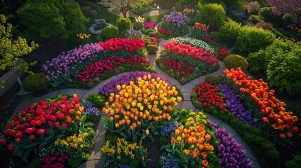 Colorful Tulip Garden with Winding Stone Paths