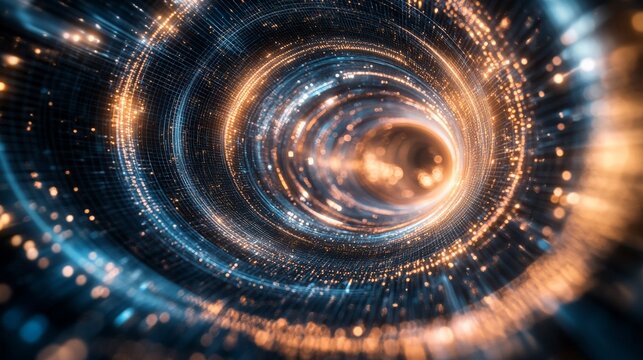 This image showcases an abstract vortex tunnel with a mesmerizing blend of glowing blue and orange lights, creating a sense of motion and depth in a futuristic style.