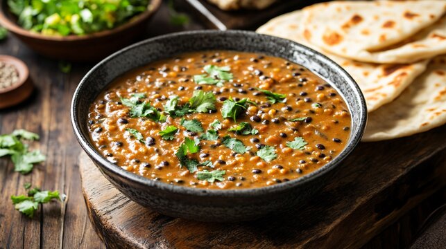 A bowl of dal makhani with black lentils simmered in a rich, creamy sauce, served with naan