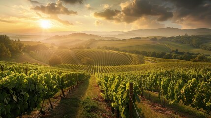 Naklejka premium Vineyard Rows bathed in Golden Sunset Light with Rolling Hills