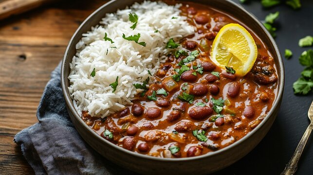 A bowl of rajma (kidney bean curry) served with steamed basmati rice and a slice of lemon