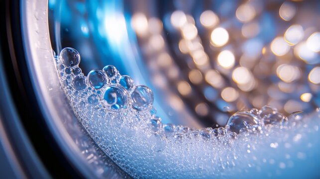 The image showcases soapy bubbles inside the drum of a washing machine, emphasizing the thorough cleaning and freshness associated with modern laundry processes.