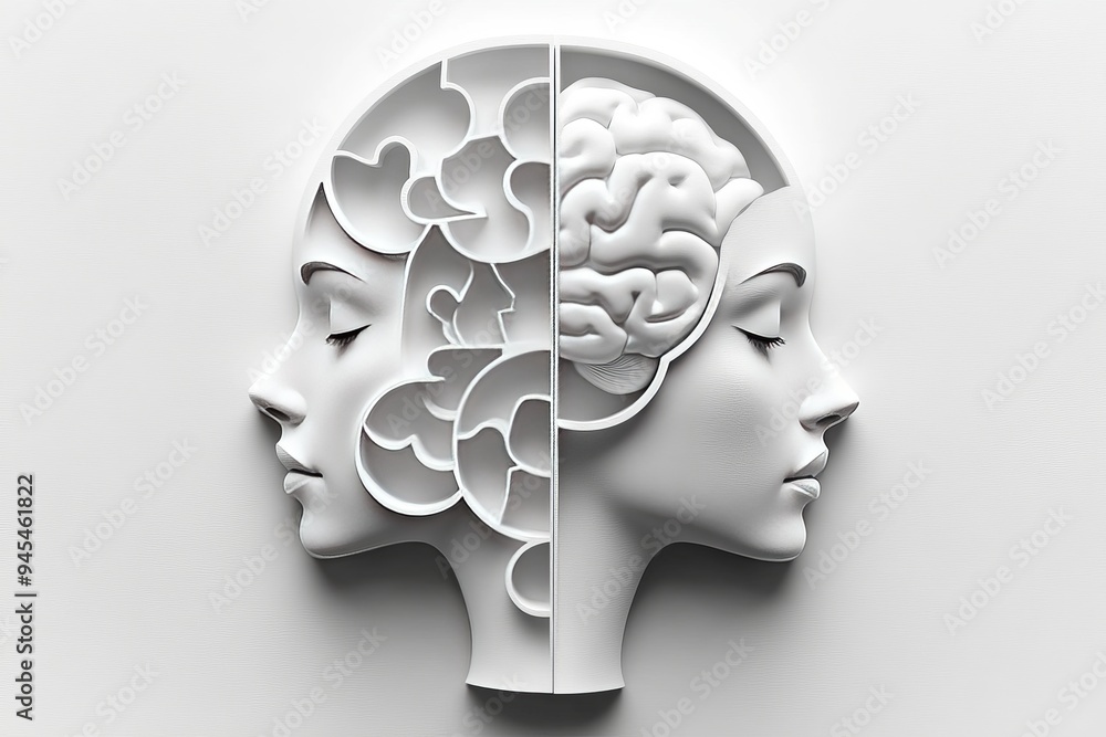 Aufkleber abstract digital sculpture of a human head composed of jigsaw puzzle pieces symbolizing cognitive di