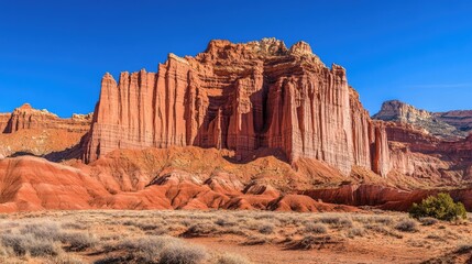 Fototapeta premium The striking red rocks of Capitol Reef National Park, with clear skies and plenty of copy space.