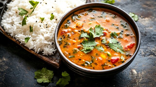 A bowl of rasam with a side of steamed rice, garnished with coriander and curry leaves