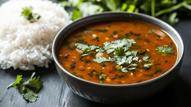A bowl of rasam with a side of steamed rice, garnished with coriander and curry leaves