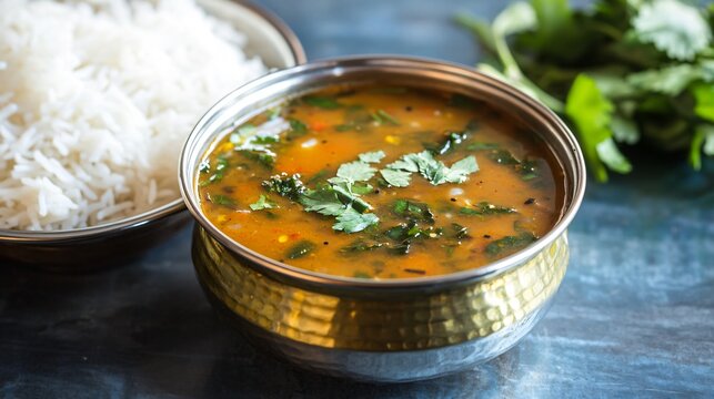 A bowl of rasam with a side of steamed rice, garnished with coriander and curry leaves