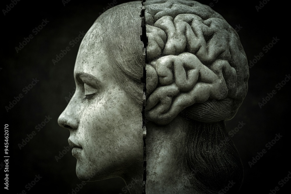 Poster monochrome digital portrait of a woman with an exposed brain symbolizing the rawness of thought cogn