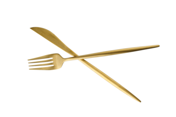 Matte golden color metallic fork and knife isolated on white background.