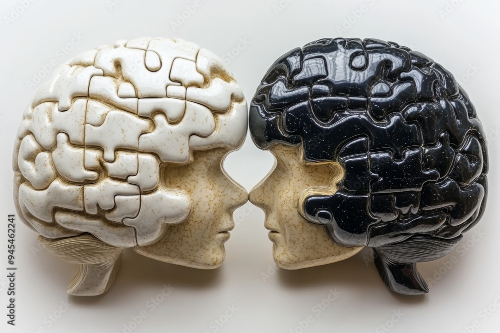Aufkleber two human heads with black and white puzzle pieces symbolizing contrasting thoughts minds and ideas 