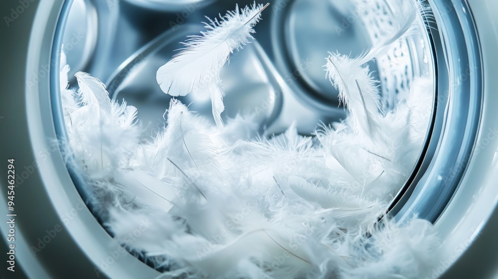 Poster Feathers are seen floating gracefully inside a washing machine drum, creating an ethereal and soft scene that emanates tranquility and calmness.