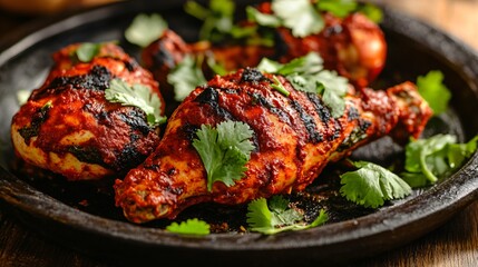A close-up of a sizzling tandoori chicken leg garnished with fresh cilantro, served on a clay plate