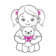 Obraz premium Happy Girl Holding Pink Bow Teddy Bear, Cute Black and White Illustration