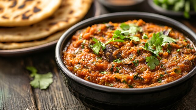 A dish of baingan bharta (smoked eggplant curry) garnished with coriander leaves and served with roti