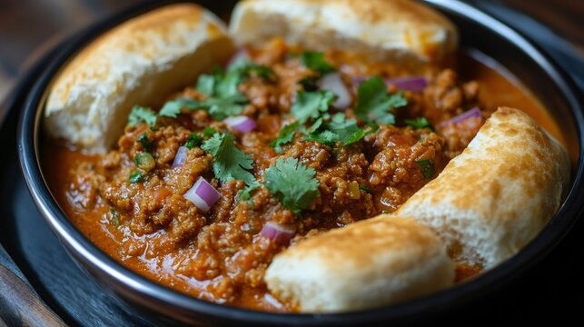 A dish of buttered pav (bread rolls) served with spicy keema (minced meat) curry