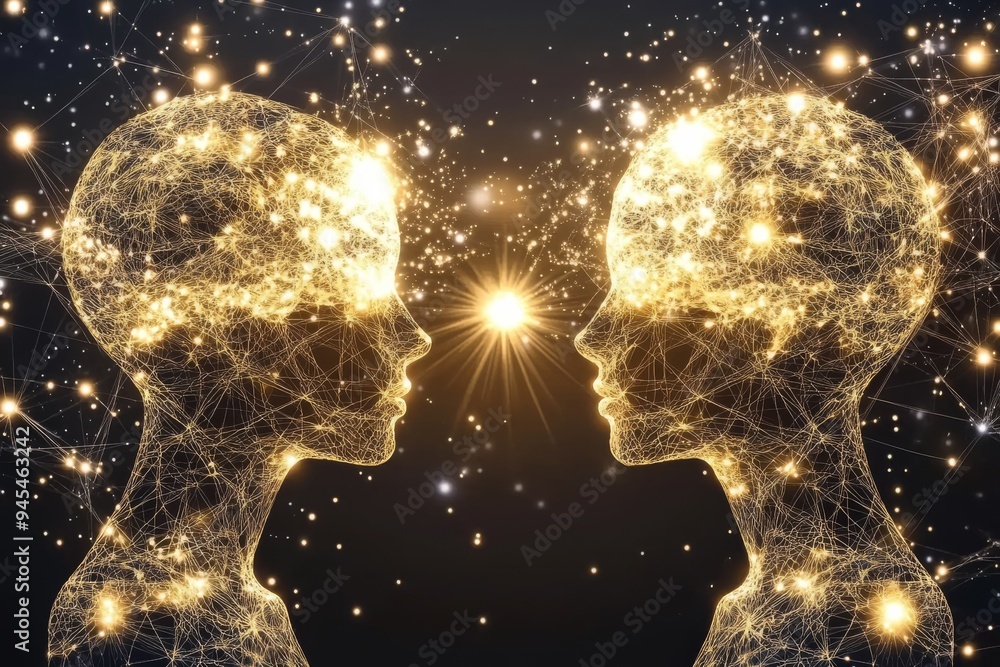 Poster two mirrored human figures with glowing brains connected by a network of golden light illustrating t
