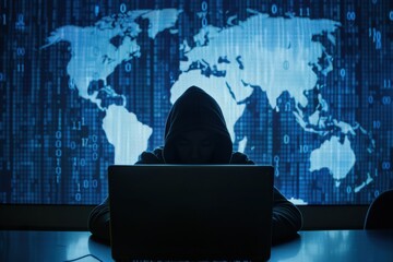 Hacker using computer with blue digital world map in the background. 