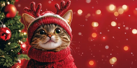 A cat dressed as a reindeer with Christmas Tree on Red Background, Joyful Holiday Theme.