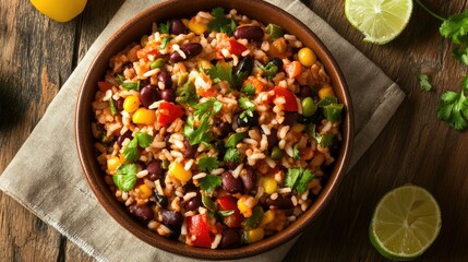Top view of a bowl of hearty Southwestern bean and rice salad, with plenty of space for copy.