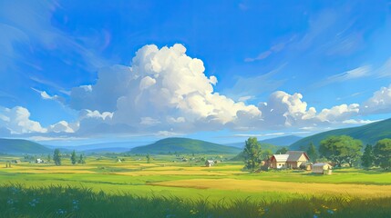 Obraz premium Animated sky with rolling thunderclouds above a tranquil farm landscape featuring fields, barns, and a distant mountain range