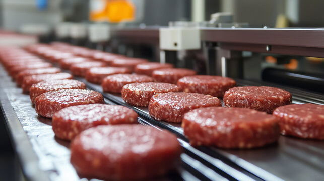 Close up of raw beef meat burger patties on the production line at a food factory, captured with a wide angle lens in high resolution photography