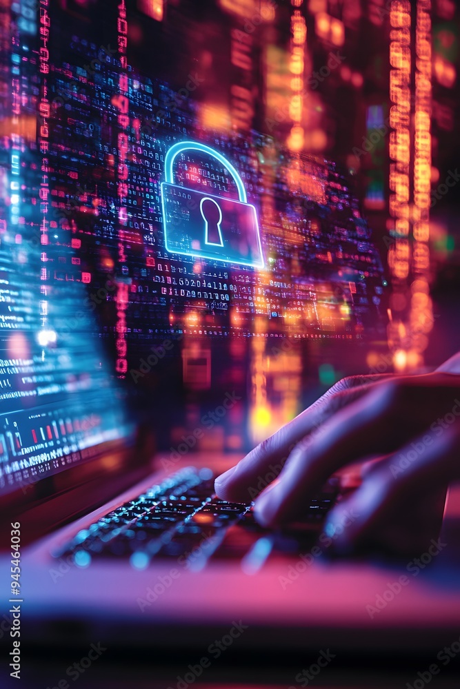 Wall mural close-up of hands typing on a laptop with a digital security lock overlay, symbolizing online privac